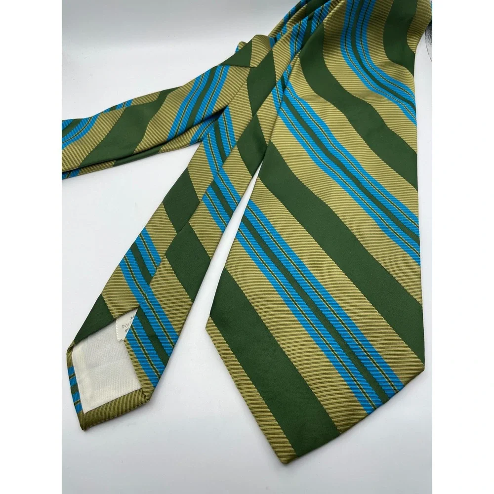 Bergere Mens Necktie Green Gold Blue Diagonal Striped Ribbed Polyester Tie